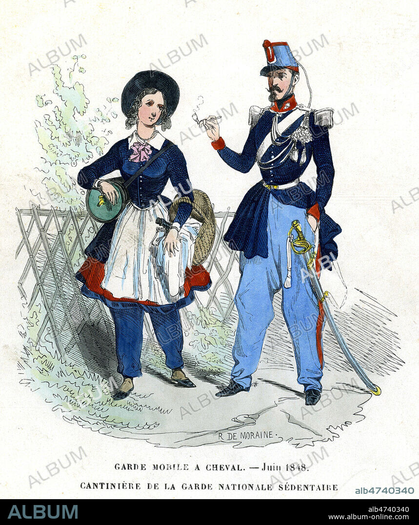 Garde mobile a cheval. Juin 1848. Cantiniere de la Garde nationale sedentaire. Illustration de R. de MORAINE pour Histoire de France par ANQUETIL vers 1860. Credit : Coll. Jonas/KHARBINE-TAPABOR.