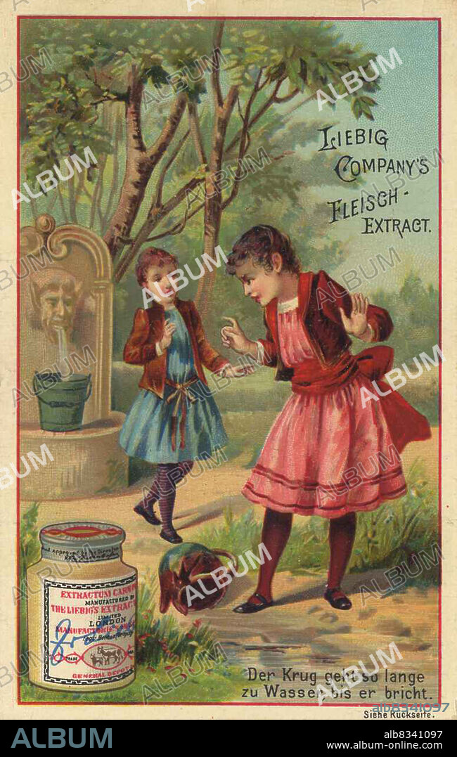 Serie Kinderreime, der Krug geht so lange zum Brunnen, bis er bricht / Series nursery rhymes, the pitcher goes to the well until it breaks, Liebigbild, digital improved reproduction of a collectible image from the Liebig company, estimated from 1900, pd / digital restaurierte Reproduktion eines Sammelbildes von ca 1900, gemeinfrei.