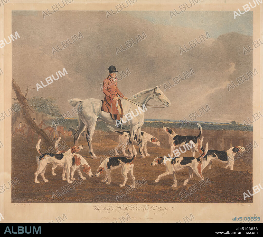 Fox Hunting: The Earl of Darlington and His Fox Hounds, John Dean, 17541798, British, after Benjamin Marshall, 17681835, British, 1810, Color printed engraving, Sheet: 21 3/8 x 25 1/4in. (54.3 x 64.1cm).