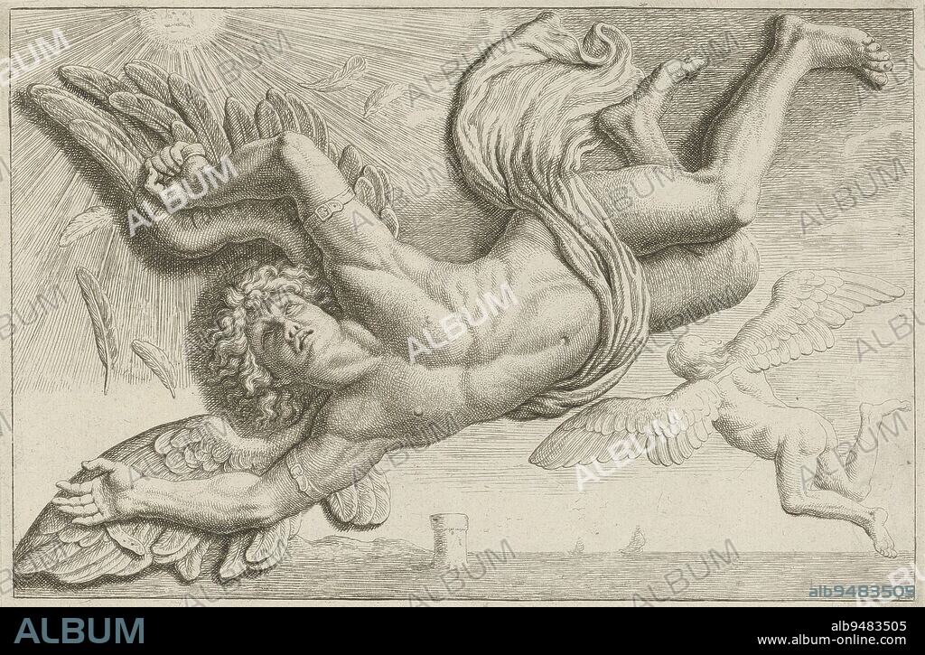 Relief showing the fall of Icarus above the door to the Desolate Estate Room in the City Hall on Dam Square, Hubert Quellinus, after Artus Quellinus (I), 1719 - 1783, Relief showing the fall of Icarus above the door to the Desolate Estate Room in the north gallery of the City Hall on Dam Square in Amsterdam. Despite the warnings of his father Daedalus (the winged man on the right), Icarus flew too close to the sun, melting the wax from his wings and causing him to fall. Above the Desolation Estate Room - where bankruptcies were declared and handled - this relief serves as a warning to the viewer: Icarus' recklessness and hubris led to his fall, just as recklessness and hubris could lead to bankruptcy. Numbered at lower right: LVIII., print maker: Hubert Quellinus, Hubert Quellinus, Artus Quellinus (I), Amsterdam, 1663 and/or 1719 - 1783, paper, etching, engraving, h 207 mm × w 291 mm.