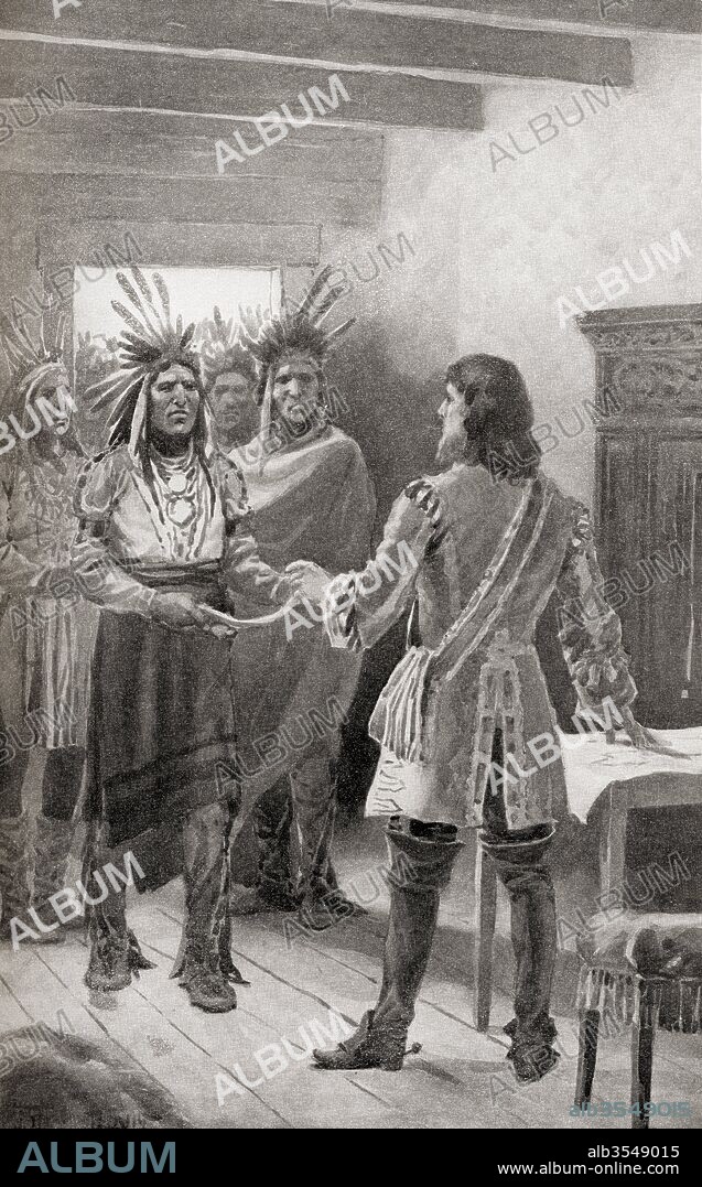 Pontiac delivering the wampum belt to Sir William Johnson at Fort Oswego as a sign of peace and the end of Pontiac's War, 1766. Pontiac, or Obwandiyag, c. 1720 – 1769. Ottawa war chief. Sir William Johnson, 1st Baronet, c. 1715 – 1774. Anglo-Irish official of the British Empire. From The History of Our Country, published 1900.