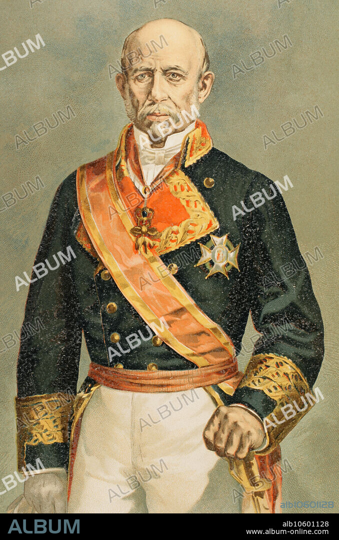 Ramón María Narváez (1799-1868). I duque de Valencia. Militar y político español. Líder del Partido Moderado durante el reinado de Isabel II. Presidente del Consejo de Ministros de España en siete ocasiones, entre los años 1844 y 1868. Retrato. Cromolitografía. "Historia de la Guerra Civil y de los Partidos Liberal y Carlista". Tomo III. 1891.