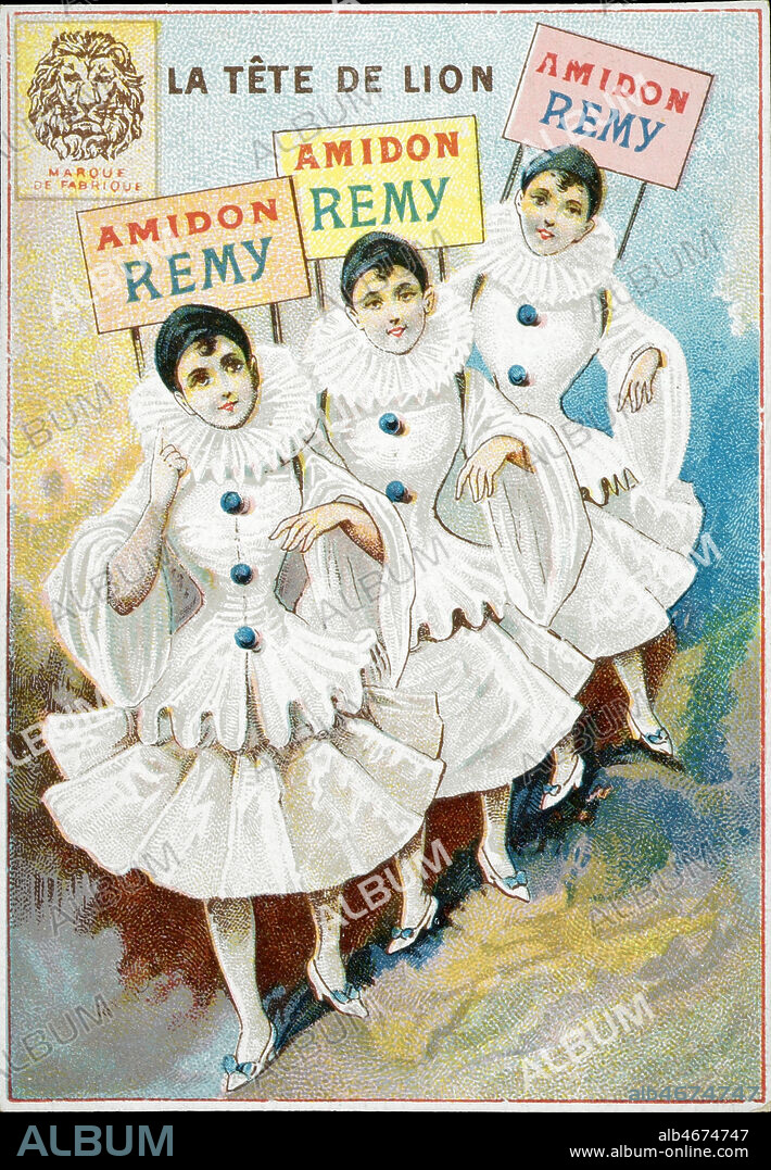 Publicite pour l'AMIDON Remy, 3 colombines portent des pancartes. Chromo publicitaire vers 1900. Credit Collection DABECOM/KHARBINE-TAPABOR.