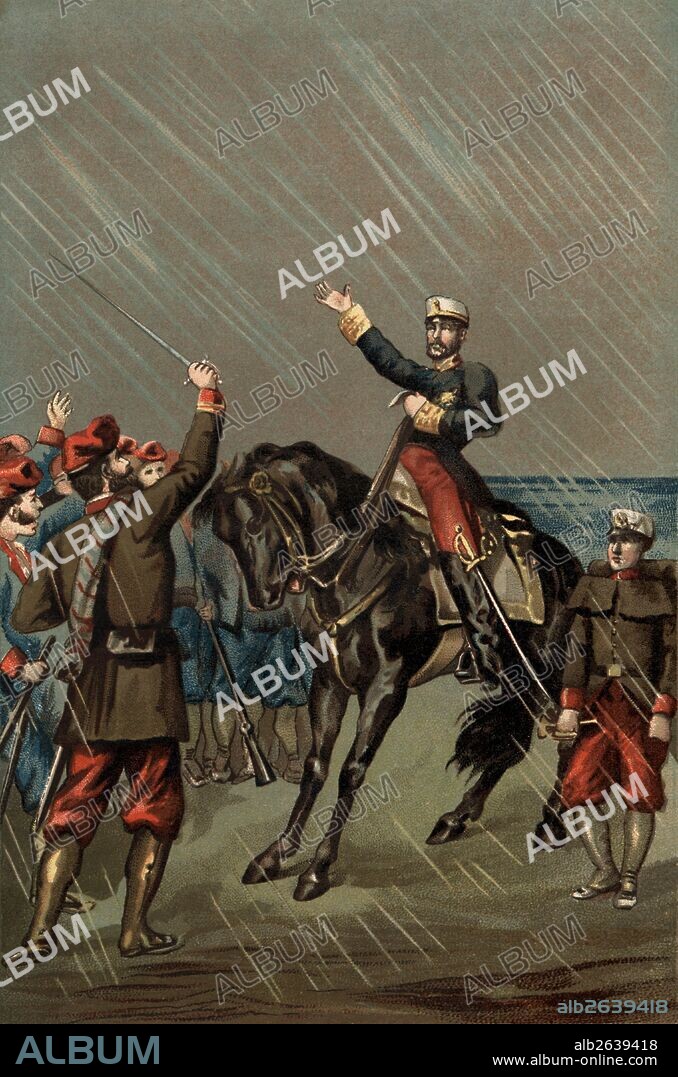 España. Guerra de África (1860). El general Juan Prim Prats (1814-1870) arengando a los voluntarios catalanes.