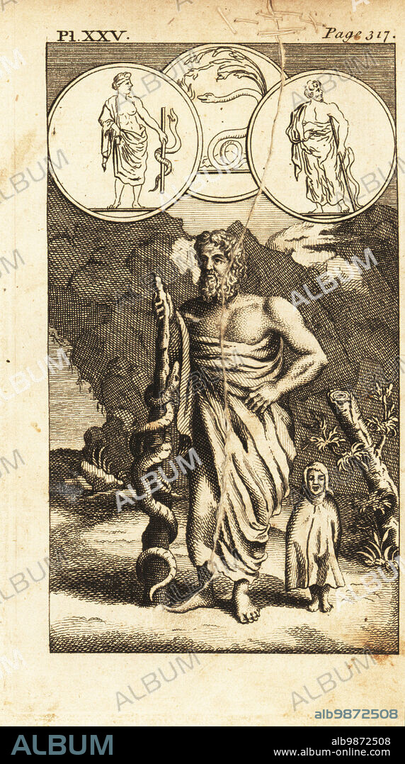 Asclepius or Hepius, god of medicine in ancient Greek religion and mythology. With serpent-entwined staff or asclepian. Aesculapis, Copperplate engraving from Andrew Tookes The Pantheon, Representing the Fabulous Histories of the Heathen Gods, London, 1757.