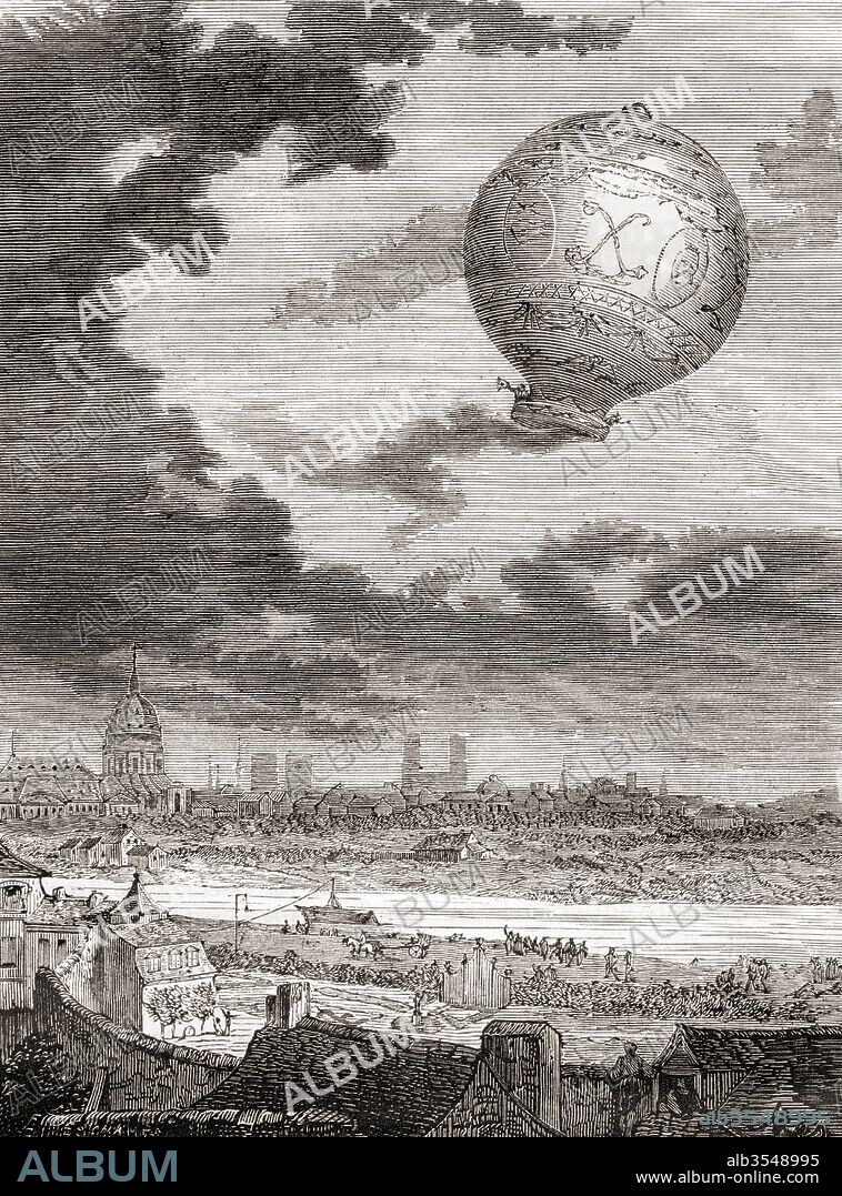 The first untethered balloon flight, by Jean-François Pilâtre de Rozier and the Marquis d'Arlandes on 21 November 1783 in a Montgolfier balloon. From Les Merveilles de la Science, published c.1870.