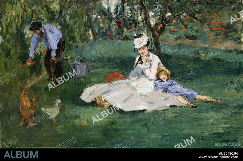 EDOUARD MANET. The Monet Family in Their Garden at Argenteuil. Artist: Édouard Manet (French, Paris 1832-1883 Paris). Dimensions: 24 x 39 1/4 in. (61 x 99.7 cm). Date: 1874.

In July and August 1874 Manet vacationed at his family's house in Gennevilliers, just across the Seine from Monet at Argenteuil. The two painters saw each other often that summer, and on a number of occasions they were joined by Renoir. While Manet was painting this picture of Monet with his wife Camille and their son Jean, Monet painted Manet at his easel (location unknown). Renoir, who arrived just as Manet was beginning to work, borrowed paint, brushes, and canvas, positioned himself next to Manet, and painted <i>Madame Monet and Her Son</i> (National Gallery of Art, Washington, D.C.).