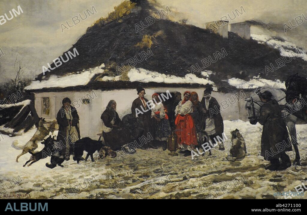 Jozef Chelmonski (1849-1914). Pintor polaco. Cuatro caballos frente a una casa de campo, 1876. Detalle. Galería de Arte Polaco del siglo XIX (Lonja de los Paños, Sukiennice). Museo Nacional de Cracovia. Polonia.