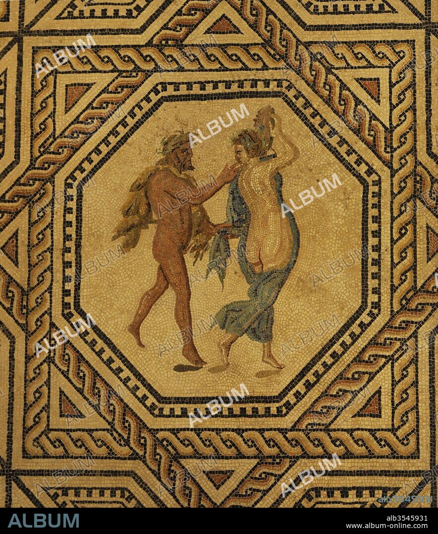 Dionysus Mosaic. Detail. 3rd century. Roman. It decorated the floor of the banquet hall, on the west side of the peristyle of a large house. The images of Dionysus with maenads and satyrs highlight the festive character of the hall. Found in Cologne, Germany. Roman-Germanic Museum. Cologne. Germany.