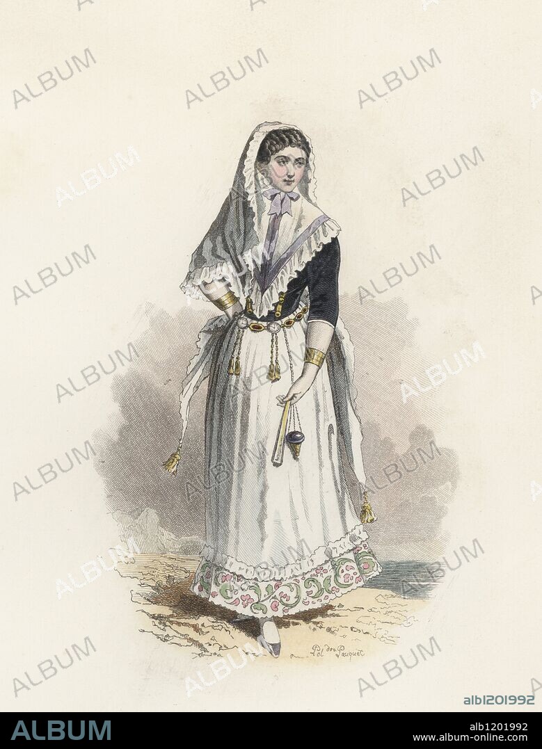 Joven mujer de Mallorca, en la edad Moderna. Grabado en color de 1870.