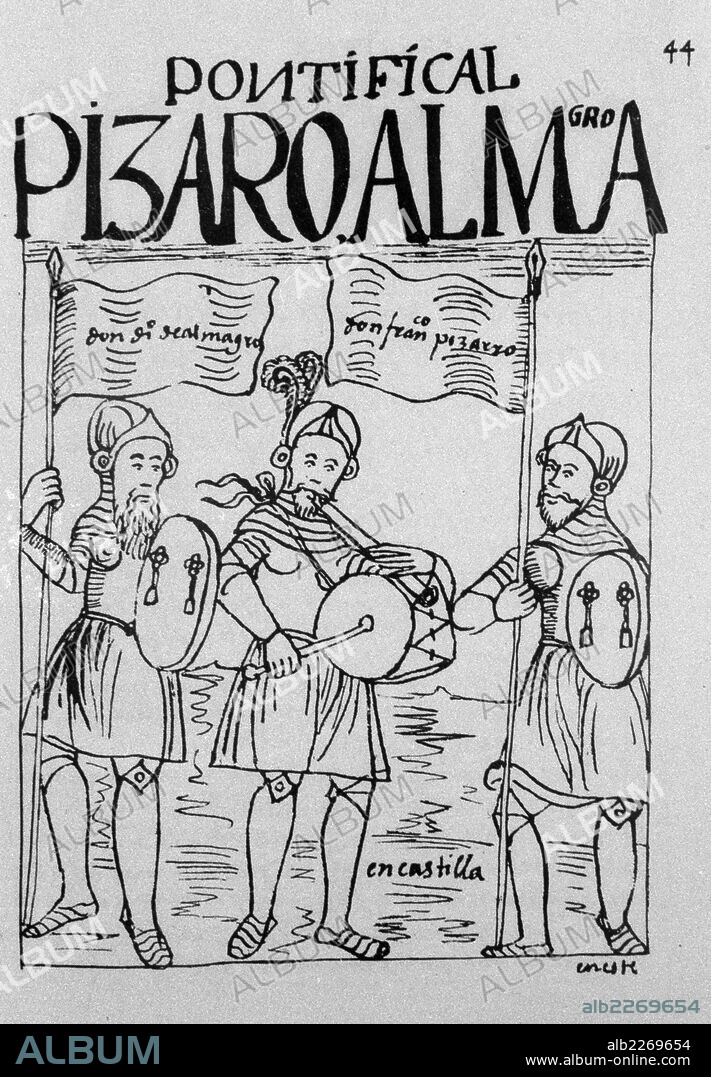 FELIPE HUAMAN POMA DE AYALA. CRONISTA INDIGENA DEL VIRREINATO DEL PERU.1534-1615. ILUSTRACION DE SU OBRA , " NUEVA CRONICA Y BUEN GOBIERNO ". BIBLIOTECA DEL INSTITUTO DE COOPERACION IBEROAMERICANA. MADRID. DIEGO ALMAGRO Y FRANCISCO DE PIZARRO JUNTO A UN DULZAINERO DE CASTILLA.