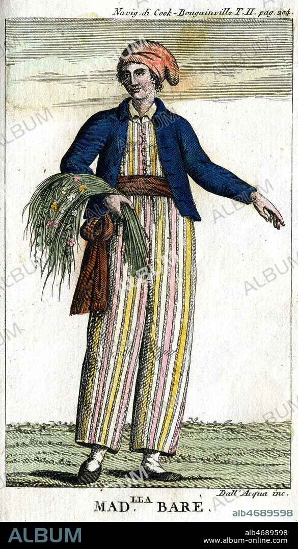 Jeanne BARRET (1740-1807), compagne du botaniste Philibert COMMERSON (1727-1773), elle se fait passer pour son valet et l'accompagne lors de l'expedition de BOUGAINVILLE. Elle est la 1ere femme a faire le tour du monde. Illustration anonyme pour Navigazioni di Cook e Bougainville pel grande oceano e interno al globo. '(Voyage du capitaine Cook) par James COOK (1728-1779) publie a Milan en 1816 (XVIIIeme s., 18eme s., 18e s.) Credit Collection Grob/KHARBINE-TAPABOR.