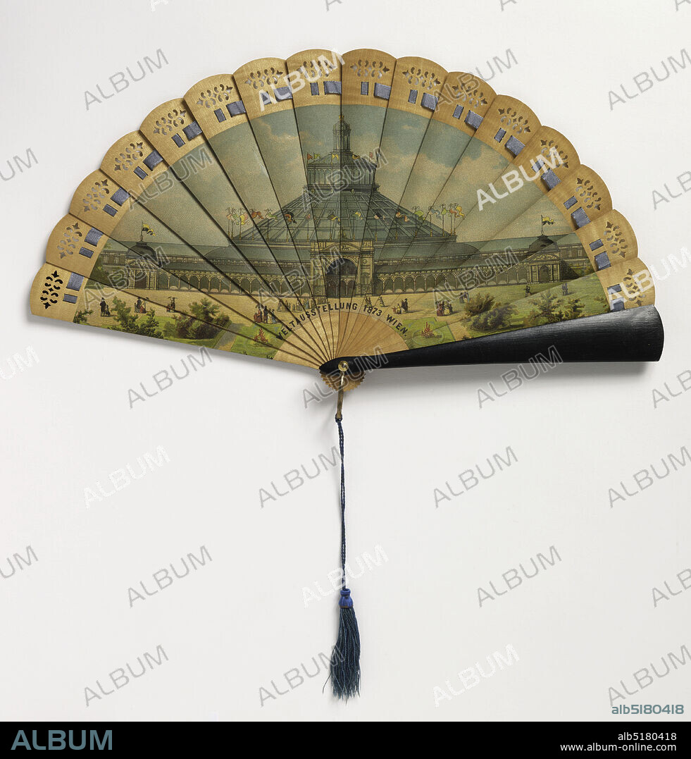 Brisé fan, Wood sticks with applied chromolithograph on paper; silk ribbon and tassel, Brisé fan with pierced wood sticks, threaded with blue silk ribbon and with a blue silk tassel. On the obverse, a chromolithograph is pasted onto the sticks., Vienna, Austria, 1873, costume & accessories, Brisé fan.