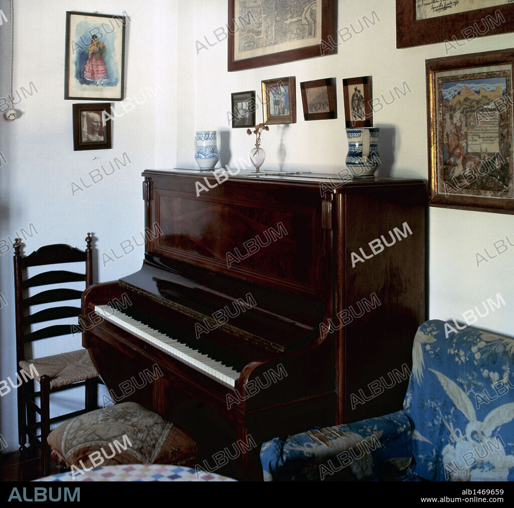 House-Museum of Manuel de Falla (1876-1946), Spanish composer. House where Falla lived from 1921 to 1939. Piano Pleyel. La Antequeruela Alta. Granada, Andalusia, Spain.