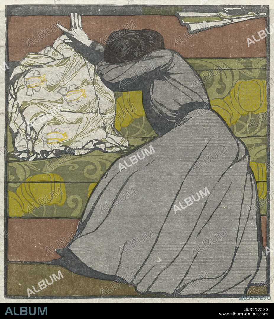 MAX KURZWEIL. Cushion (Martha Kurzweil Sitting on a Divan). Dated: 1903. Dimensions: image: 28.7 x 25.9 cm (11 5/16 x 10 3/16 in.)  sheet: 38.7 x 31 cm (15 1/4 x 12 3/16 in.). Medium: color woodcut on japan paper.