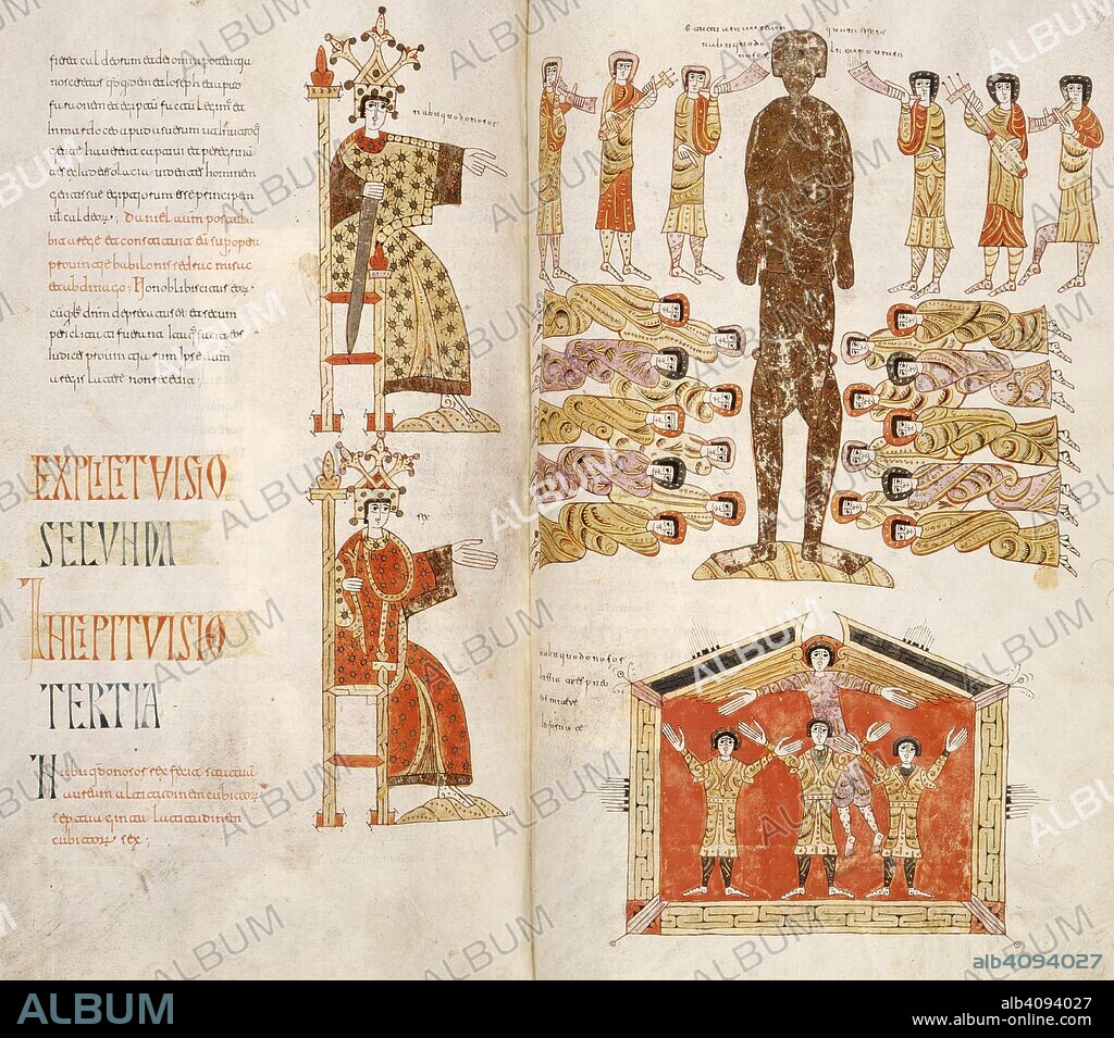 PETRUS, BEATUS OF LIÃ©BANA und DOMINICUS. Nebuchadnezzar enthroned; adoration of the statue; the three young men in the fiery furnace. Silos Apocalypse. Spain (Silos), 1109. Source: Add. 11695, ff.228v-229. Language: Latin.