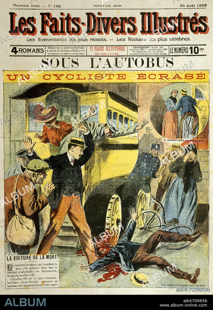'Un cycliste ecrase' par un autobus. Couverture des Faits-Divers illustres du 20/08/1908. Credit : Collection KHARBINE-TAPABOR.