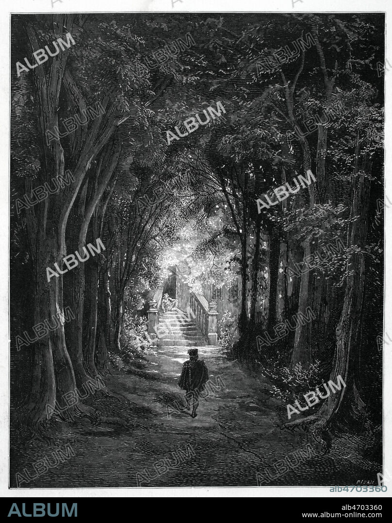 LA BELLE AU BOIS DORMANT: le prince arrive au chateau , les ronces et les arbres s'ecartent pour lui laisser le passage. Conte de Charles PERRAULT, gravure de Gustave DORE, 1862 . Credit Collection Kharbine Tapabor.