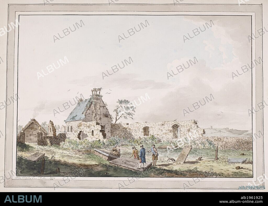 Illustration of ruined building and croft in Scotland. DRAWINGS, partly colored, illustrative of Sir Joseph Banks's voyage to the Hebrides. England. From Sir Joseph Banks's voyage to the Hebrides, Orkneys, and Iceland, in 1772, by John F. Alilier, J. Clevelly, jun., and James Miller. Source: Add. 15509 9. Language: English.