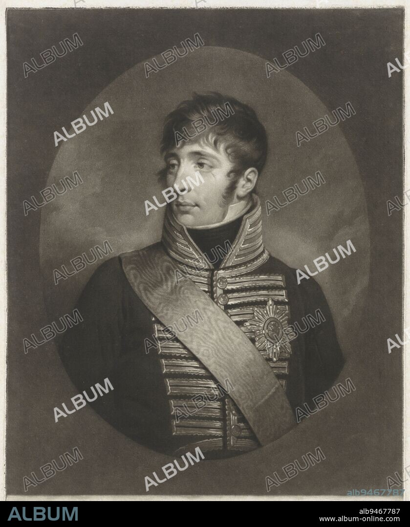 Louis Napoleon, king of Holland from 1806 to 1810. He is dressed in a uniform without epaulets, adorned with the Plaque of the Royal Order of the Union. Across the chest a cordon., Portrait of Louis Napoleon, King of Holland, print maker: Charles Howard Hodges, Amsterdam, 1806 - 1810, paper, h 348 mm, w 278 mm.