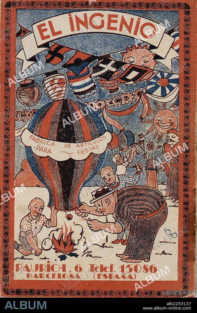 España. Barcelona. Cartel del establecimeinto El Ingenio, dedicado a la fabricación y venta de artículos para fiestas y figuras de cartón-piedra desde 1838.