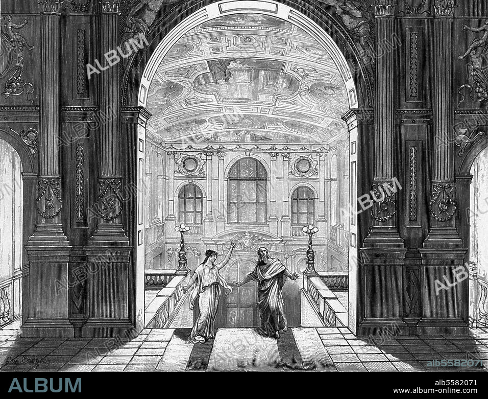Wien, Burgtheater. (1874-88 nach Plänen von Gottfried Semper erbaut von Karl Hasenauer). "Festvorspiel (...): Die Poesie geleitet den Genius des alten Hauses in das neue" (Eröffnung 14. Oktober 1888; Charlotte Wolter u. Adolf von Sonnenthal). Holzstich nach Leopold Burger (1861-1903). Aus: Über Land und Meer, 1888.