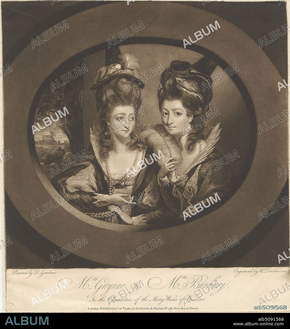 Mrs. Gwynne and Mrs. Bunbury in the Characters of the Merry Wives of Windsor, Print made by William Dickinson, 17461823, British, after Daniel Gardner, 17501805, British, Published by William Dickinson, 17461823, British, and Thomas Watson, 17431781, British, 1780, Mezzotint on moderately thick, slightly textured, beige laid paper, Sheet: 12 5/16 × 11 5/16 inches (31.2 × 28.8 cm) and Image: 10 1/4 x 10 7/8 inches (26.1 x 27.7 cm), actresses, cuffs, curls, fancy dress, feathers, hats, lace, literary theme, oval, palace, pearls, plays by William Shakespeare, portrait, ruffs, silk, sisters, The Merry Wives of Windsor, play by William Shakespeare, tree.