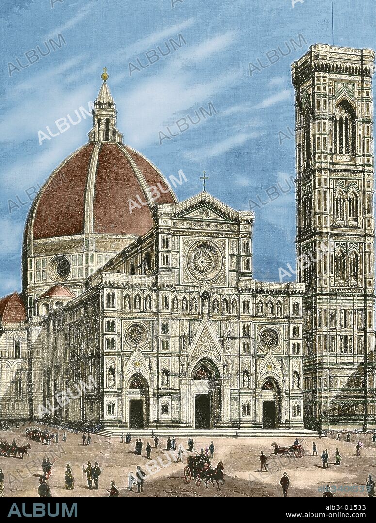 Florencia. Nueva fachada del Duomo o Santa Maria del Fiore. Italia. Grabado por E. Sehers. "La Ilustración", 1887. Coloreado.