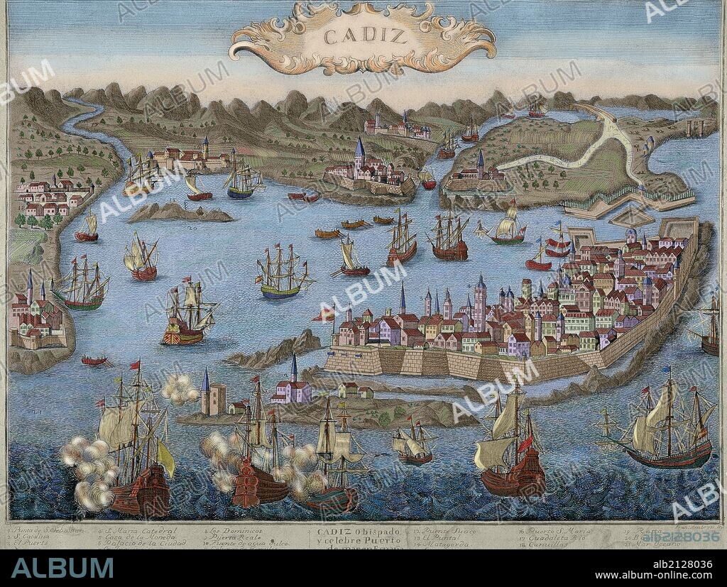 CADIZ. SIGLO XVII. Representación de la ciudad con el puerto. Grabado. Museo Histórico Municipal. Cádiz. Coloreado.