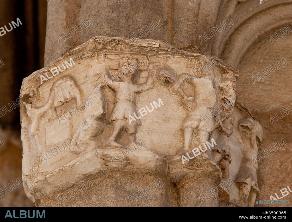 Berenguer de Montagut / Detail of the capital of the facade of Santa María del Mar (representing Bastaixos), 14th century, Barcelona, Barcelona, Catalonia, Spain.