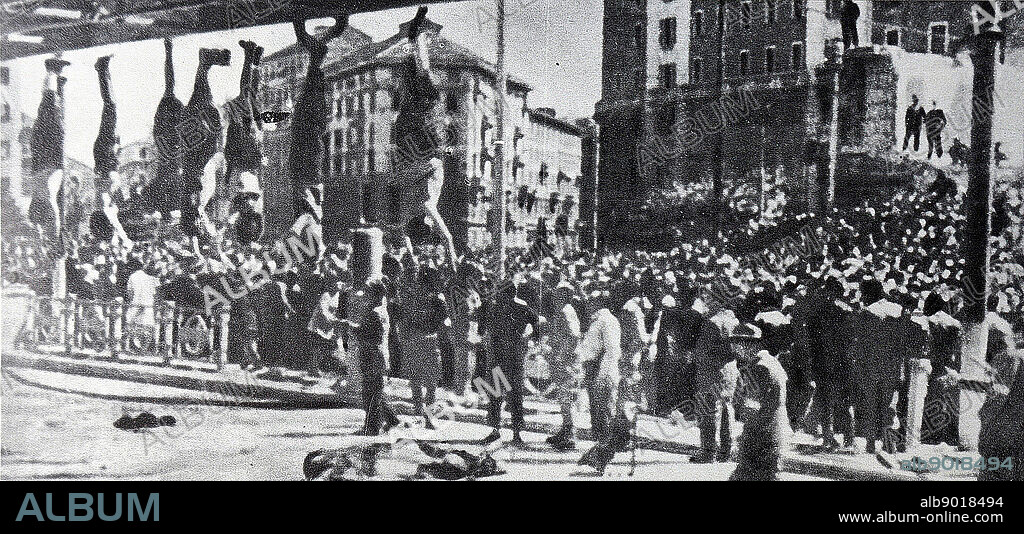 Photograph of the hanging bodies of Mussolini and Petacci in the Piazzale Loreto, Milan. Dated 20th Century.