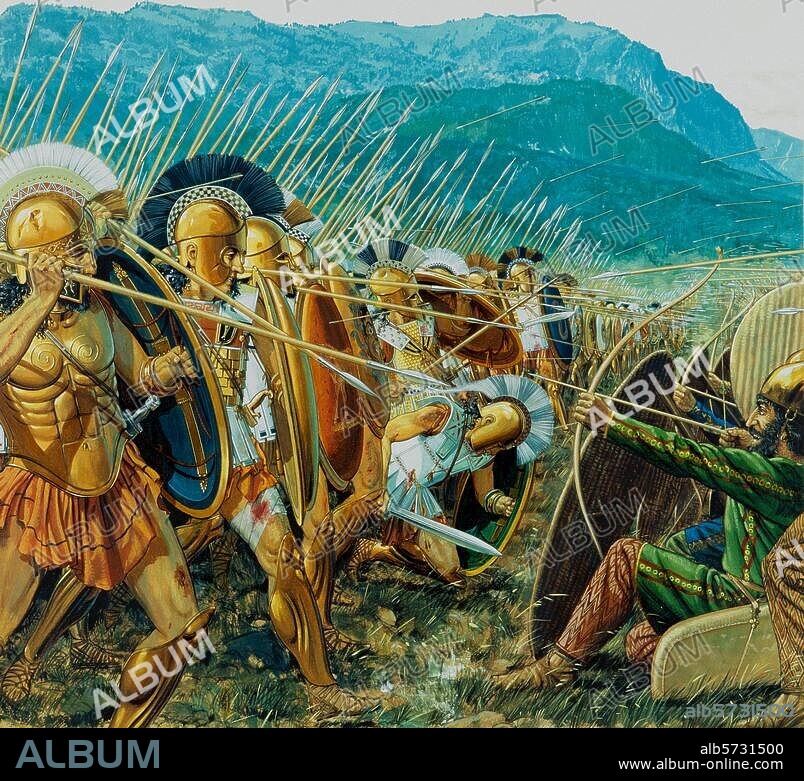 Perserkriege / Schlacht bei den Thermopylen 480 v. Chr. (Der spartanische König Leonidas fällt mit seiner Schar). "Das letzte Aufgebot der Spartaner bei den Thermopylen" (Die griech. Phalanx trifft auf die pers. Bogenschützen). Aquarell, vor 1977, von Peter Connolly. (1935-2012). Aus der Serie: The Greek Armies.