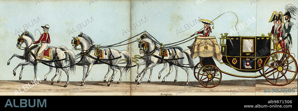 Carriage of Eugène François Charles Joseph Lamoral de Ligne d'Amblise et d'Epinoy, Prince of Ligne, representing Leopold I, King of Belgium, in Queen Victorias coronation parade. Handcoloured aquatint engraving from Fores' Correct Representation of the State Procession on the Occasion of the August Ceremony of Her Majesty's Coronation, June 28th 1838, published by Fores, Sporting and Fine Print Repository, Piccadilly, London, 1838.