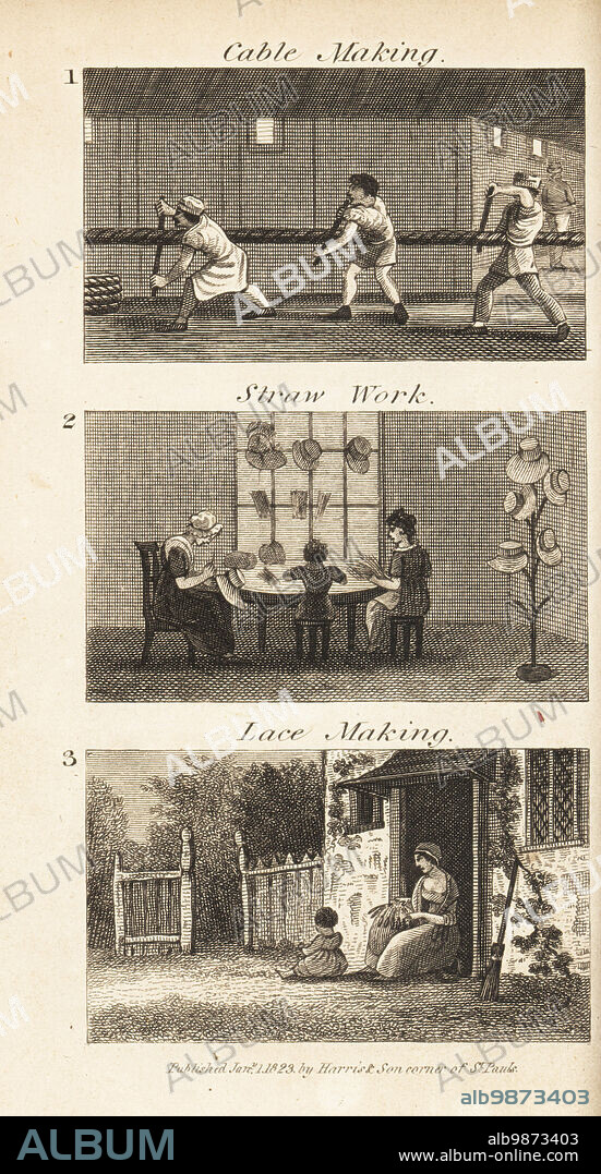 Trades in Regency England. Men twisting rope in a cable making factory in Deptford 1, women and children making straw hats in Dunstable 2 and a woman making lace outside a cottage in Buckingham 3. Woodblock engraving from Rev. Isaac Taylors Scenes of British Wealth, in Produce, Manufacture and Commerce, John Harris, London, 1823. Isaac Taylor was an English writer, artist, engraver and inventor 1787-1865.
