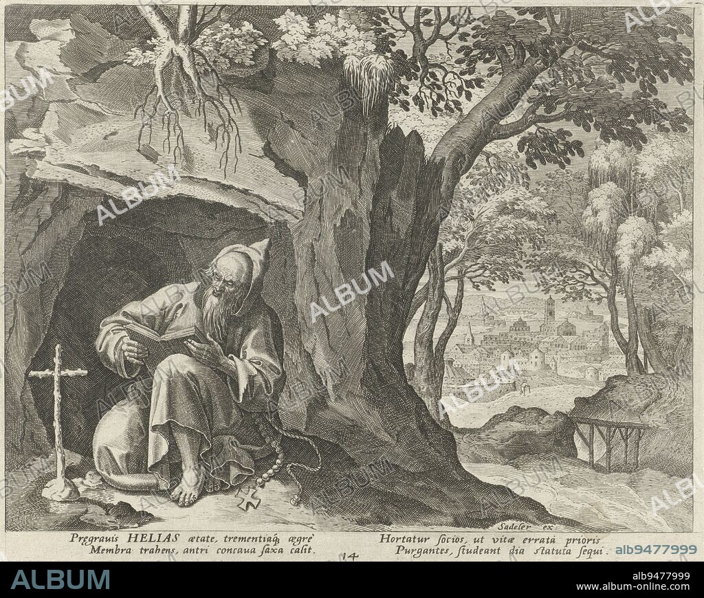 Helias the hermit in a cave in the wilderness. He sits before a crucifix and reads a Bible. A landscape with a city in the background., Helias the Hermit Male Hermits (series title) Solitudo Sive Vitae Patrum Eremicolarum (series title), print maker: Johann Sadeler (I), print maker: Raphaël Sadeler (I), intermediary draughtsman: Maerten de Vos, Antwerp, 1586 - 1588, paper, engraving, h 170 mm × w 214 mm.