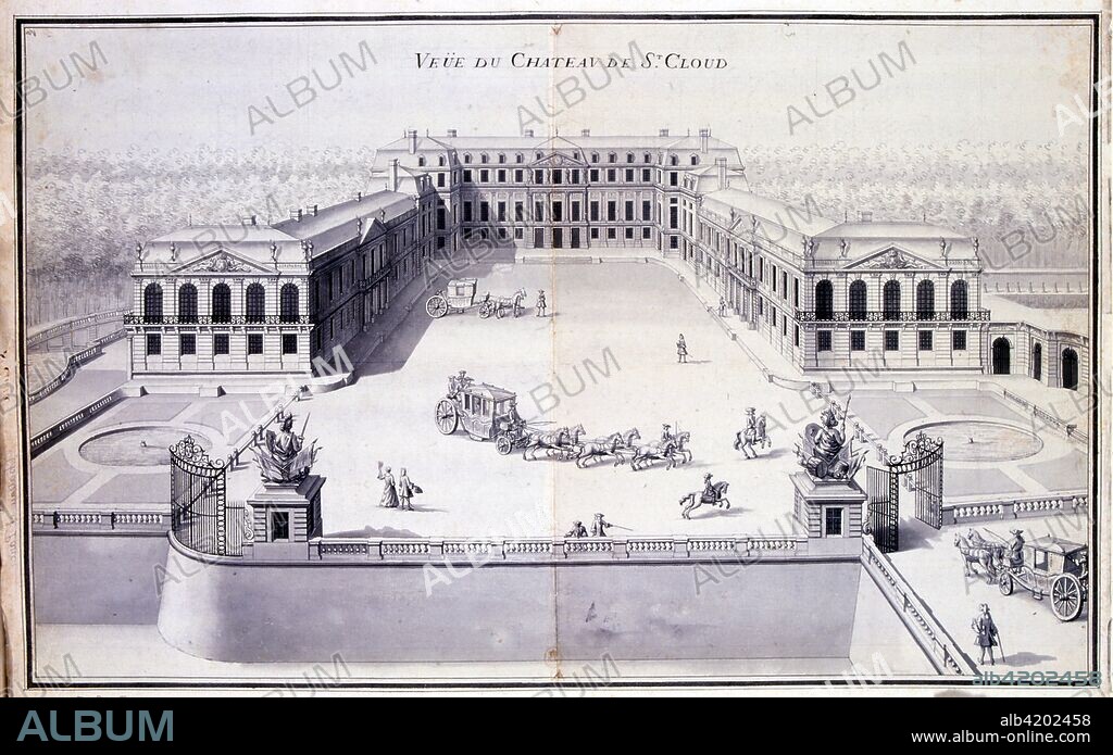 18th century, Illustration, showing the Château de Saint-Cloud, a palace in France, at Saint-Cloud in Hauts-de-Seine, west of Paris. The château was expanded by Phillipe of France, Duke of Orléans in the 17th century, and finally enlarged by Marie Antoinette in the 1780s. After occupation by Napoleon I and Napoleon III, the château was destroyed in 1870 during the Franco-Prussian War.