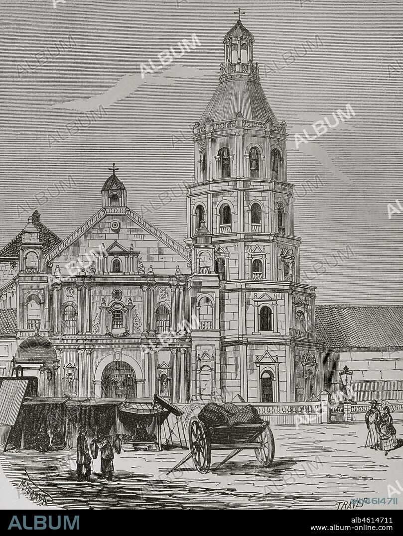 Manila, Luzon island, Philippines. Binondo district. Minor Basilica and National Shrine of Saint Lorenzo Ruiz or Binondo Church. It was founded by Dominican priests in 1596 to serve their Chinese converts to Christianity. Illustration by Miranda. Engraving by Traver. Crónica General de España, Historia Ilustrada y Descriptiva de sus Provincias (General Chronicle of Spain, Illustrated and Descriptive History of its Provinces), Philippines, 1871.