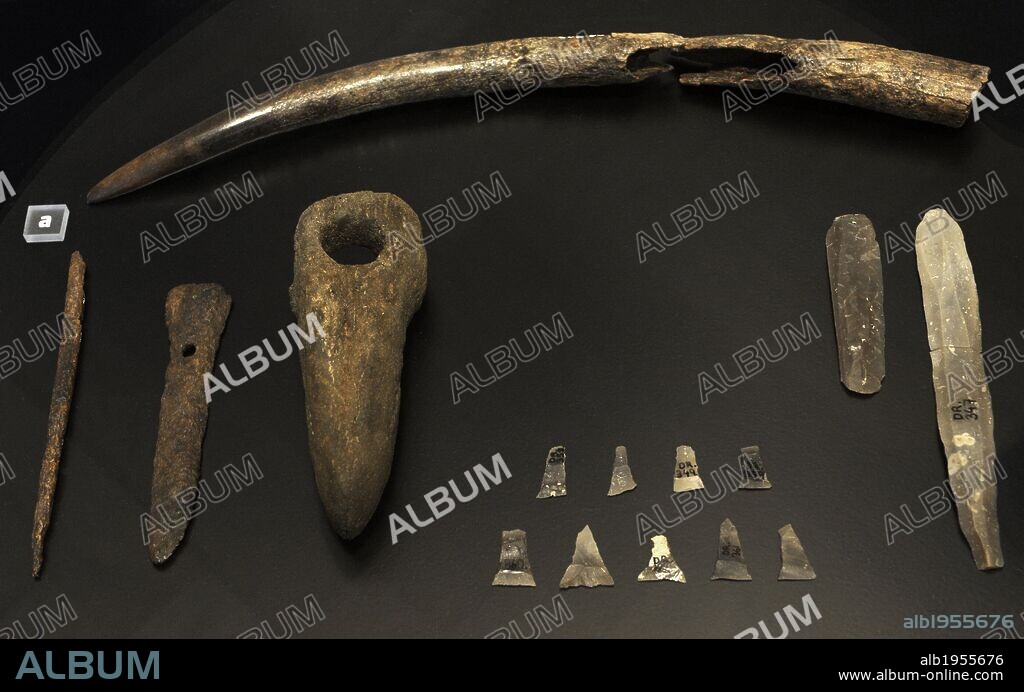 ARTE PREHISTORIA. EUROPA. Objetos hallados en la tumba de un hombre en Dragsholm. De izqda. a dcha.: Cuerno de venado, aguja de hueso, guardamuñecas de hueso, Hacha de guerra de piedra, puntas de flecha de pedernal y cuchillas de sílex. Principios del NEOLITICO. 3800 a. C. Isla de Selandia. Museo Nacional. Copenhague. Dinamarca.