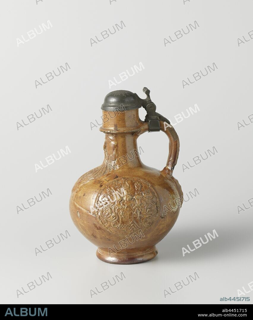 Jug (Bartmann jug) with the coat of arms of Cologne and Gulik-Kleef-Berg, Jug (beard-man jug) of stoneware on stand ring with a spherical body and narrow, long neck. The C-shaped ear is attached to the neck and shoulder. Profiles on the neck and foot. Covered with a brown engobe. Two embossed and imposed medallions on the belly, with the coat of arms of Cologne and the duke of Gulik-Kleef-Berg with the date '1577'. On the neck, continuous on the shoulder and belly, a beard man. Attached to the ear a pewter frame with lid. Raeren, armorial bearing, heraldry, Cologne, Willem V (duke of Gulik, Kleef and Berg, count of Mark and Ravensberg), anonymous, Raeren, 1577, stoneware, glaze, engobe, montuur, vitrification, h 19 cm × d 13.8 cm.