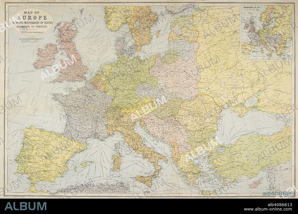 Map of Europe showing boundaries of States according to Treaties. Scale, 1 : 5,500,000. (Boundaries in 1914). Map of Europe showing boundaries of States according to Treaties. Scale, 1 : 5,500,000. (Boundaries in 1914). Edinburgh : G. Bartholomew & Son, [1921]. 820 x 955 mm.; Scale 1: 5 500 000. Source: Maps.1035.(181).