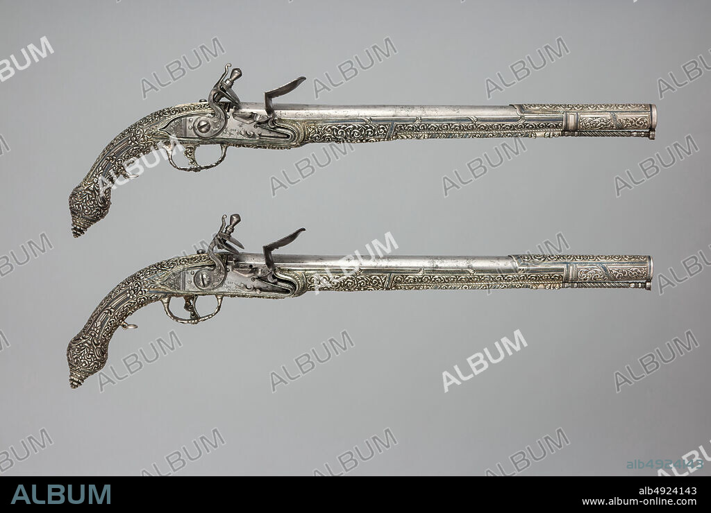 Pair of Flintlock Pistols, Balkan; barrel, Russian; lock, Italian, 18th century, Balkan; barrel, Russian; lock, Italian, Steel, silver, 96.5.151; L. 19 3/4 in. (50.2 cm); L. of barrel 14 3/16 in. (36 cm); Cal.67 in (17 mm); Wt. 2 lb. 13.8 oz. (1298.4 g); 96.5.152; L. 19 3/4 in. (50.2 cm); L. of barrel 14 3/16 in. (36 cm); Cal.68 in (17.3 mm); Wt. 2 lb. 12.6 oz. (1264.4 g), Firearms-Pistols-Flintlock.