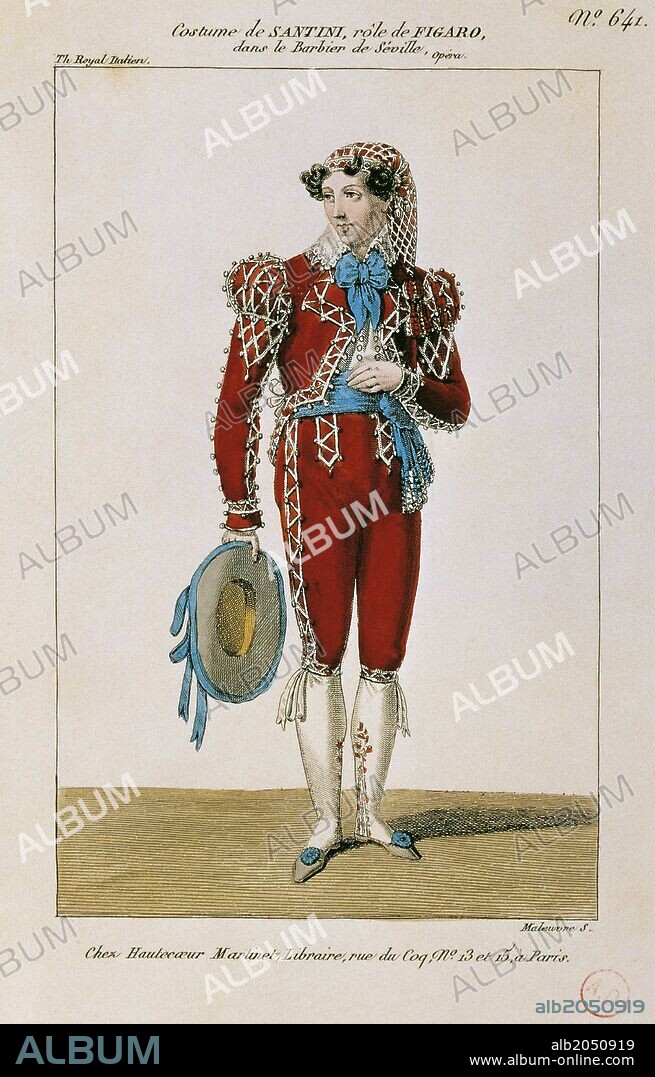 Costume sketch for Figaro in Il Barbiere di Siviglia (The Barber of Seville), opera by Gioachino Rossini, Gabriele Santini (1886-1964) director, performed at the Theatre des Italiens, Paris, 1826.