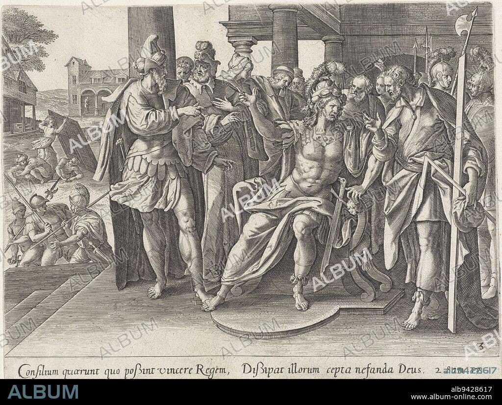 Achitofel and the Arkite Chusai advise Absalom on the plan of battle against King David. In the background, Jonatan and Achimaeus - who were to deliver the news of the plan to King David - are hiding in a well in the yard of the house of a man from Bachurim. His wife places a shutter over the opening of the well so that nothing can be seen. Below the scene a reference in Latin to the Bible text in 2 Sam. 17. Achitofel and Chusai at Absalom History of David and Absalom Thesaurus sacrarum historiarum veteris testamenti , print maker: Johannes Wierix, Maerten de Vos, publisher: Gerard de Jode, Antwerp, 1585, paper, engraving, h 196 mm × w 260 mm.