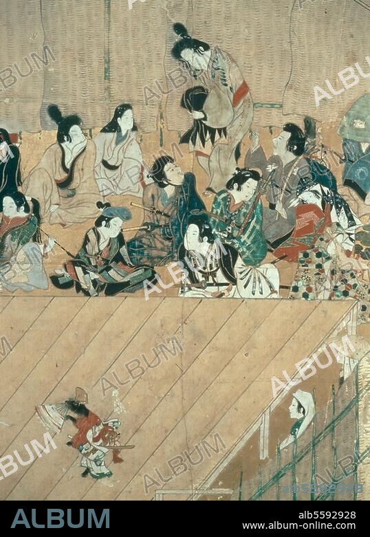 Japanisch, späte Muromachi-Zeit (1333-1573). Musikantengruppe hinter einer Theaterbühne. Ausschnitt aus einem bemalten Wandschirm mit Darstellung von Szenen am Shijo Gawa in Kyoto. Kyoto, Kongo Nogakudo.