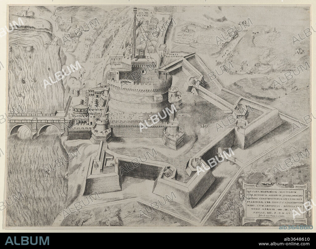 Speculum Romanae Magnificentiae: Castello Sant' Angelo. Artist: Giulio de Musi (Italian, active 1550-1555). Dimensions: sheet: 12 3/8 x 16 3/4 in. (31.5 x 42.5 cm). Series/Portfolio: Speculum Romanae Magnificentiae. Date: 1557.
This print comes from the museum's copy of the Speculum Romanae Magnificentiae (The Mirror of Roman Magnificence) The Speculum found its origin in the publishing endeavors of Antonio Salamanca and Antonio Lafreri. During their Roman publishing careers, the two foreign publishers - who worked together between 1553 and 1563 - initiated the production of prints recording art works, architecture and city views related to Antique and Modern Rome. The prints could be bought individually by tourists and collectors, but were also purchased in larger groups which were often bound together in an album. In 1573, Lafreri commissioned a title page for this purpose, which is where the title 'Speculum Romanae Magnificentiae' first appears. Lafreri envisioned an ideal arrangement of the prints in 7 different categories, but during his lifetime, never appears to have offered one standard, bound set of prints. Instead, clients composed their own selection from the corpus to be bound, or collected a group of prints over time. When Lafreri died, two-third of the existing copper plates went to the Duchetti family (Claudio and Stefano), while another third was distributed among several publishers. The Duchetti appear to have standardized production, offering a more or less uniform version of the Speculum to their clients. The popularity of the prints also inspired other publishers in Rome to make copies however, and to add new prints to the corpus. 
The museum's copy of the Speculum entered the collection as a group of 3 albums with inlaid engravings and etchings. The prints have since been removed, but the original place of each print within the album is contained in the accession number: 41.72(volume.place).
Originally volume 3, plate 41 in the scrapbook.
