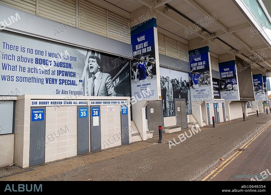 Banners celebrating Ipswich Town football club history, Sir Bobby Robson stand, Portman Road, Ipswich, Suffolk, England, UK.