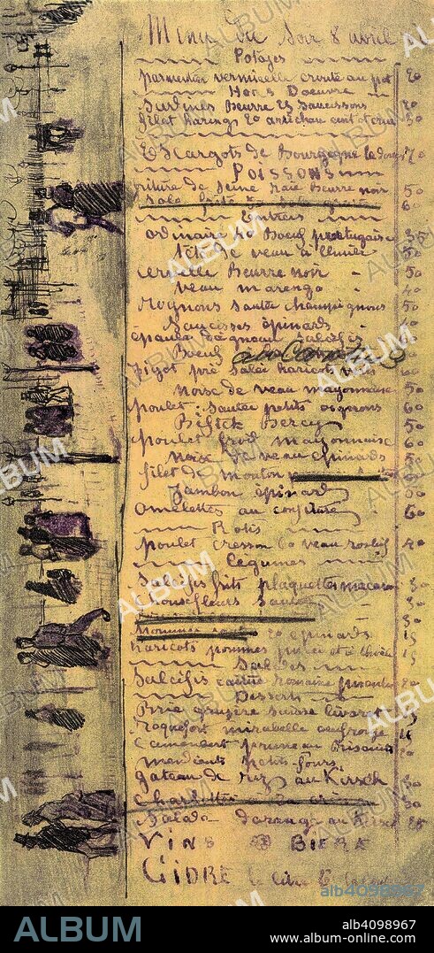 VINCENT VAN GOGH. Restaurant Menu. Date: April 1886, Paris. Dimensions: 11.2 cm x 23.3 cm.