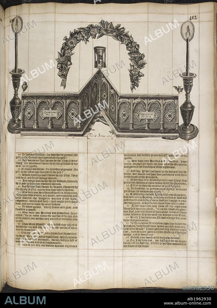 Illustrated page of Bible.the New Testament. Illustration  by Mary Collet in 1635. Family bible. . The Actions & Doctrine & other Passages touching our Lord & Sauior Iesus Christ. Little Gidding. This Harmony was compiled expressly for Charles I. by Nicholas Ferrar and his family at their religious house at Little Gidding in Huntingdonshire, in 1635. It is composed of portions of Bibles printed in various types, cut out and pasted on blank leaves, and is illustrated with engravings and cuttings from engravings. The titlepage, index, and explanation are in MS. The ornamented binding was the work of Mary Collet, niece of N. Ferrar. Source: C.23.e.4 411/412.