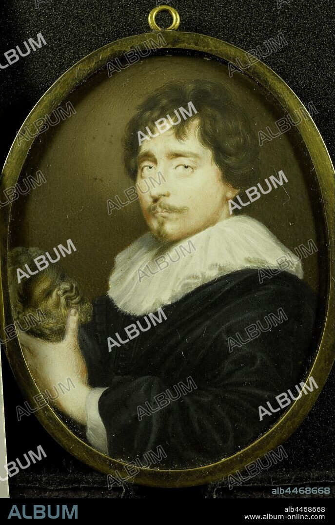 Portrait of François Duquesnoy (1597-1643). Sculptor, Portrait of François Du Quesnoy (Duquesnoy) (1597-1643). Sculptor. Bust to the left, in the hands a sculpture of the head of a satyr. To the original by Anthony van Dyck in Brussels. Part of the collection of portrait miniatures, portrait, self-portrait or sculptor, François Du Quesnoy, Louis van der Bruggen, 1625 - 1658, cardboard, metal, glass, h 7.8 cm × w 6.2 cm h 8.5 cm × w 6.4 cm × d 0.5 cm.
