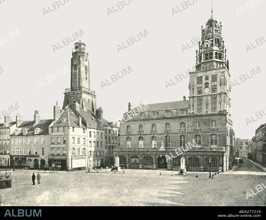 LONDON STEREOSCOPIC & PHOTOGRAPHIC CO. The Watch Tower and Hotel De Ville, Calais, France, 1895. The 13th-century Tour du Guet, and the old town hall, built in the early 19th century. From "Round the World in Pictures and Photographs: From London Bridge to Charing Cross via Yokohama and Chicago". [George Newnes Ltd, London, 1895].